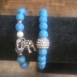 Turquoise Beaded Elephant Charm Bracelet Set